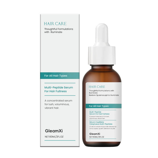SkinSwaag Beauty — Gleam Xi Multi-Peptide Hair Fullness Serum — White and silver bottle on white background