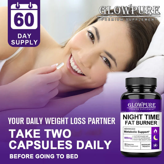 SkinSwaag Beauty GLOW PURE Night Time Fat Burning & Cellulite Weight Loss Pills — metabolism support — capsules in hand on white background