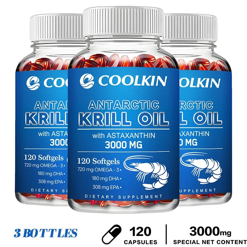 Softgel capsules of Antarctic krill oil supplement with omega-3 EPA DHA and astaxanthin