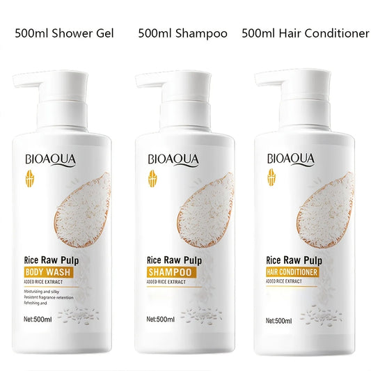 BIOAQUA Rice Shampoo Conditioner Body Wash Set — Rice — Three-bottle set with pump dispensers on white background