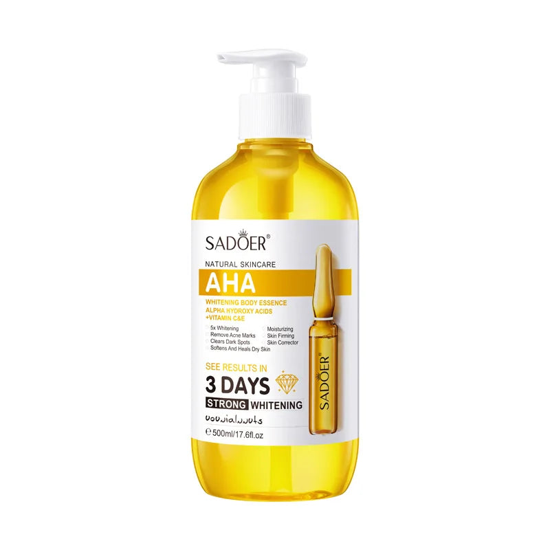 AHA brightening body serum bottle with hydrating essence for dull skin improvement
