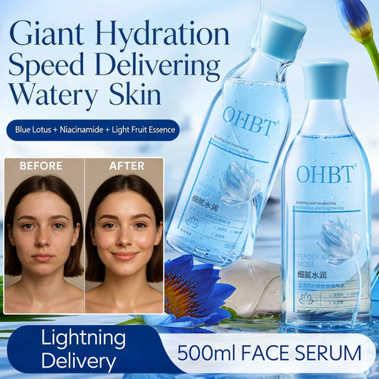 Blue lotus face toner bottle for brightening and hydrating skin, 500ml size.
