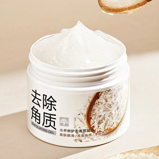 White rice exfoliating facial scrub gel and cream jar for moisturizing and brightening skin.