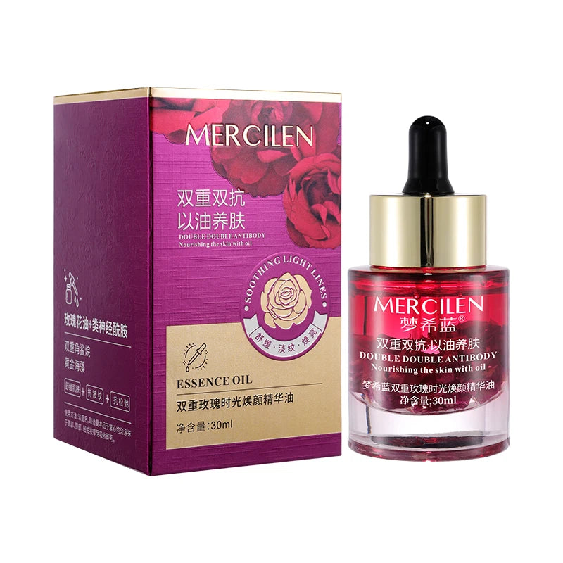 MERCILEN Double Rose Facial Essence Oil — Double Rose & Squalane — Product benefits and hydrating infographic