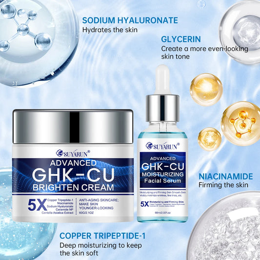 SkinSwaag Beauty SUYARUN GHK-CU Copper Peptide Firming Face Cream & Serum Duo — copper peptide GHK-CU — serum bottle detail on white background