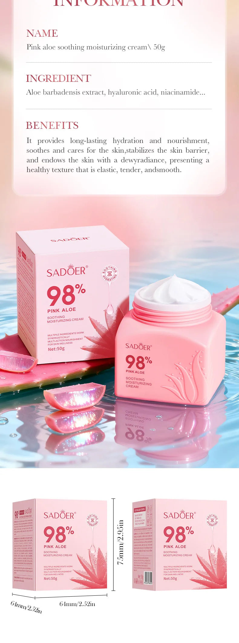 SADOER Pink Aloe Vera Moisturizing Face Cream Whitening Anti-Aging Anti Acne Facial Cream for Face Skin Care Products
