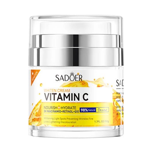Vitamin C collagen firming hydrating day cream in a white jar with orange accents.