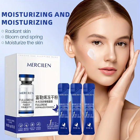 MERCILEN Fullerene Sleeping Facial Mask — Fullerene & Lyophilized Powder — Single sachet and mask sheet detail