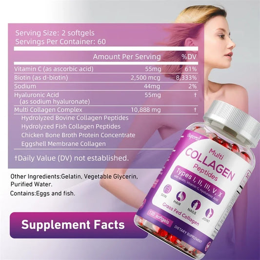 SkinSwaag Beauty BuPOREI Multi Collagen Peptides — collagen + biotin + vitamin C + hyaluronic acid — supplement facts label on white background