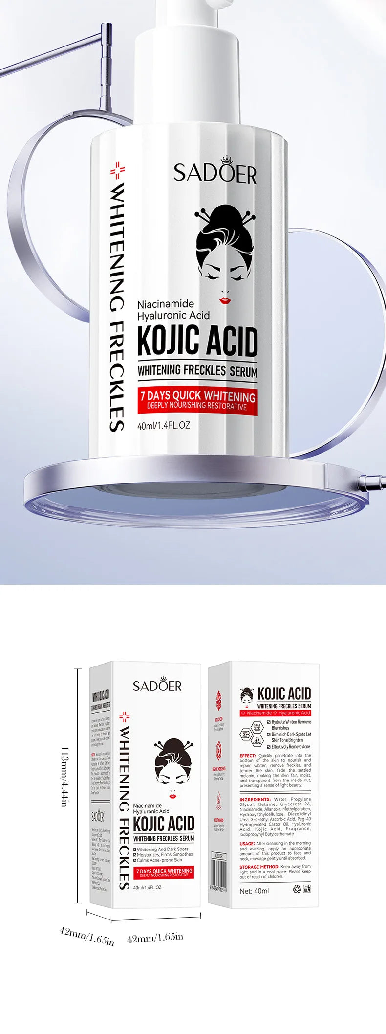 Kojic acid brightening serum bottle for fading freckles and dark spots