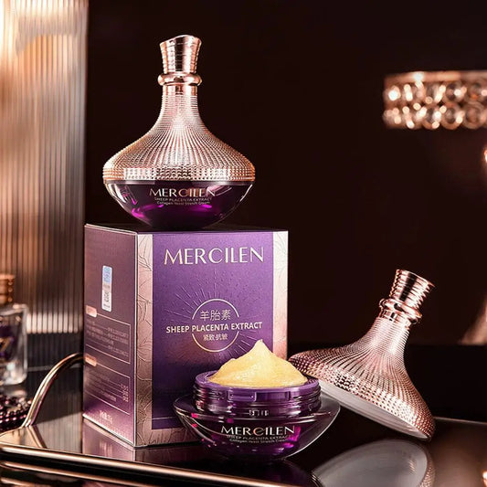 MERCILEN Sheep Placenta Collagen Nourishing Face Cream — Sheep Placenta & Collagen — Purple glass jar with decorative lid and square box on white background