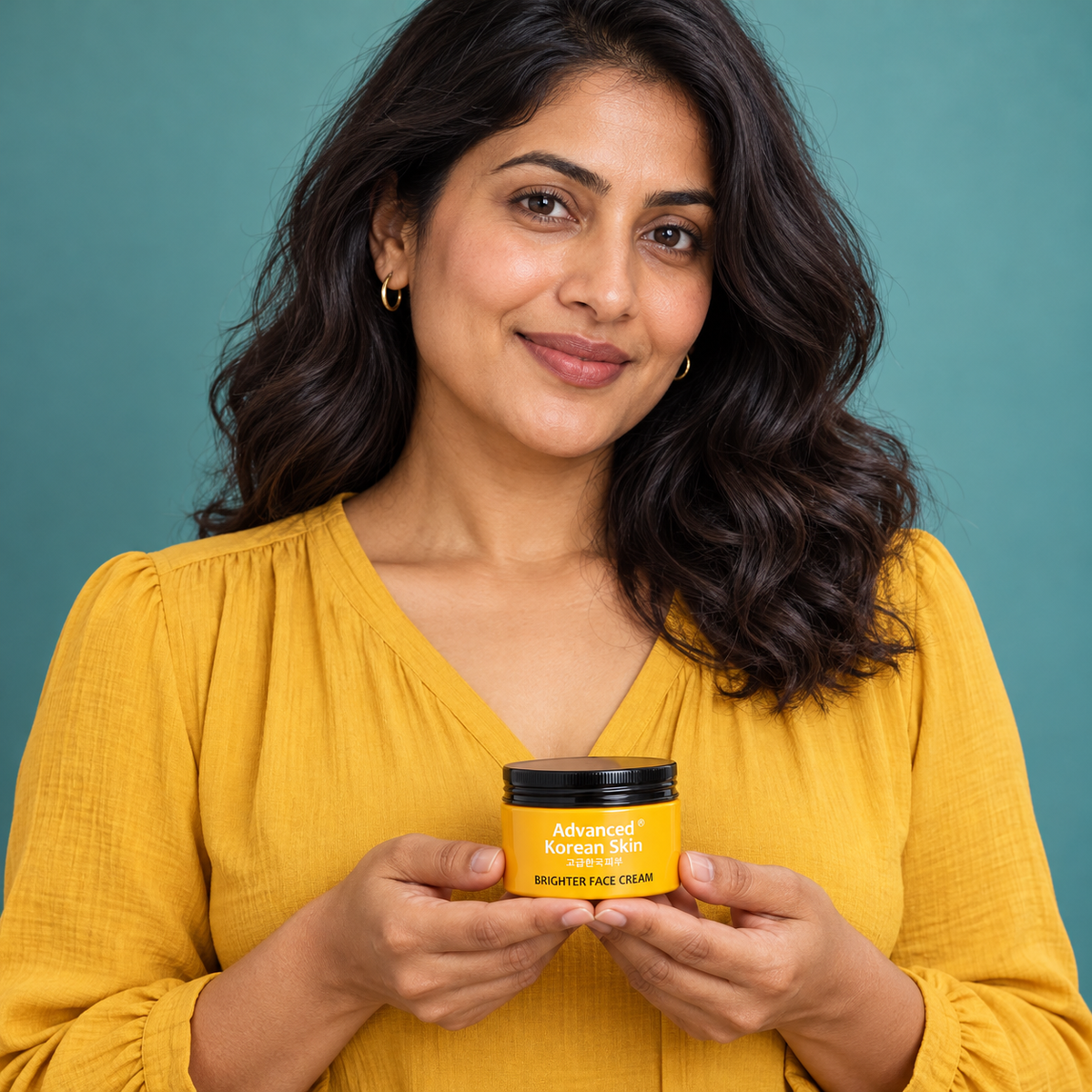 Adult model holding Advanced Korean Skin Brighter Face Cream closed jar away from her face