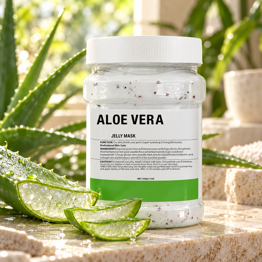 Aloe vera jelly mask jar with fresh aloe on a dewy stone surface