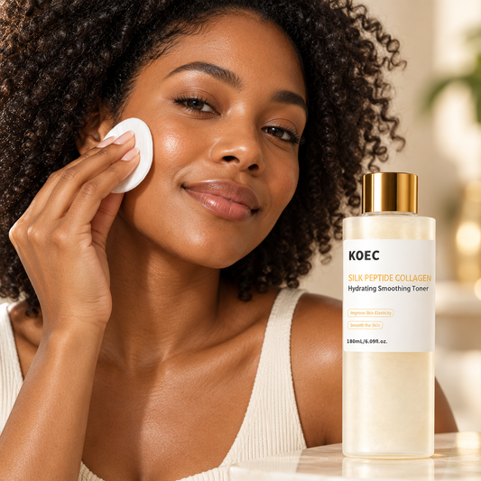 KOEC Silk Peptide Collagen Hydrating Smoothing Toner — 180 ml — adult model using product