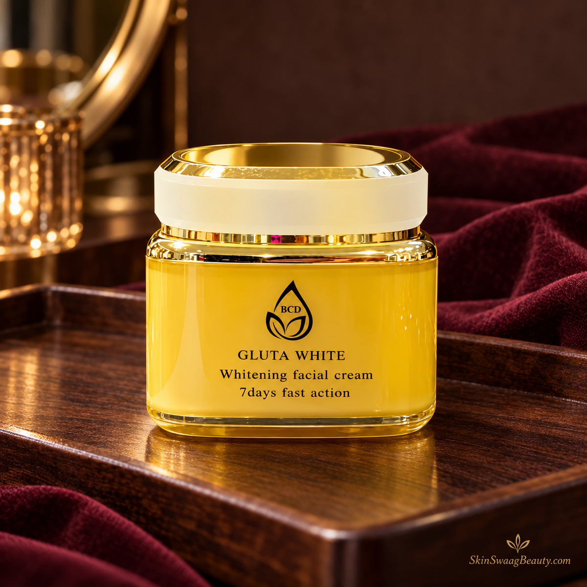 BCD Gluta White Facial Cream closed jar on walnut tray; styled product-only image, props not included.