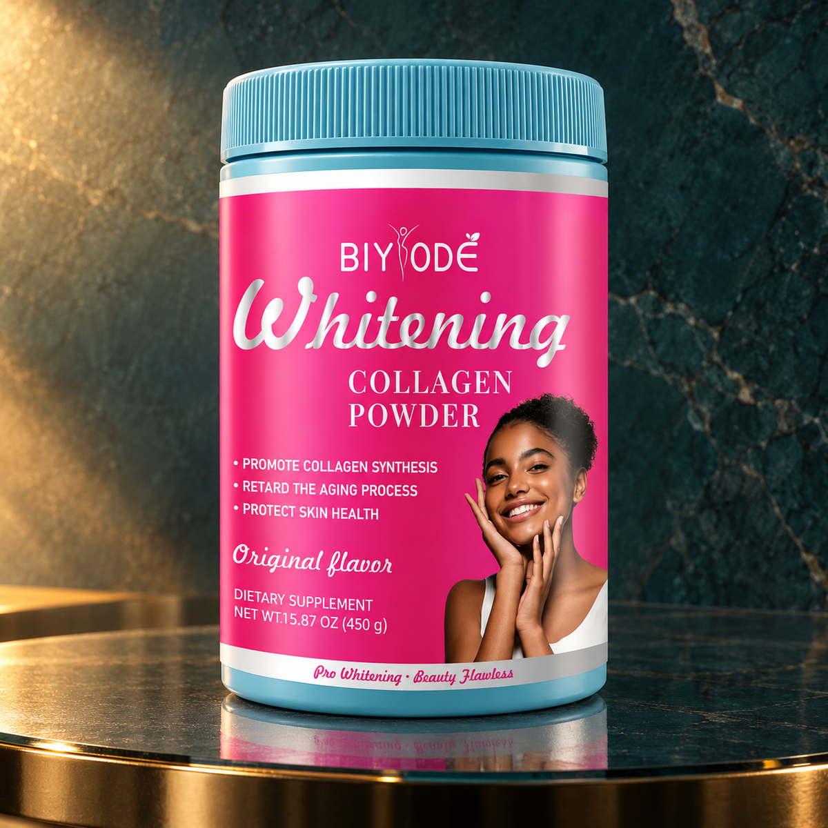 BIYODE Collagen Powder — Original Flavor, 450 g in a refined stone and glass setting; AI-styled product photograph.