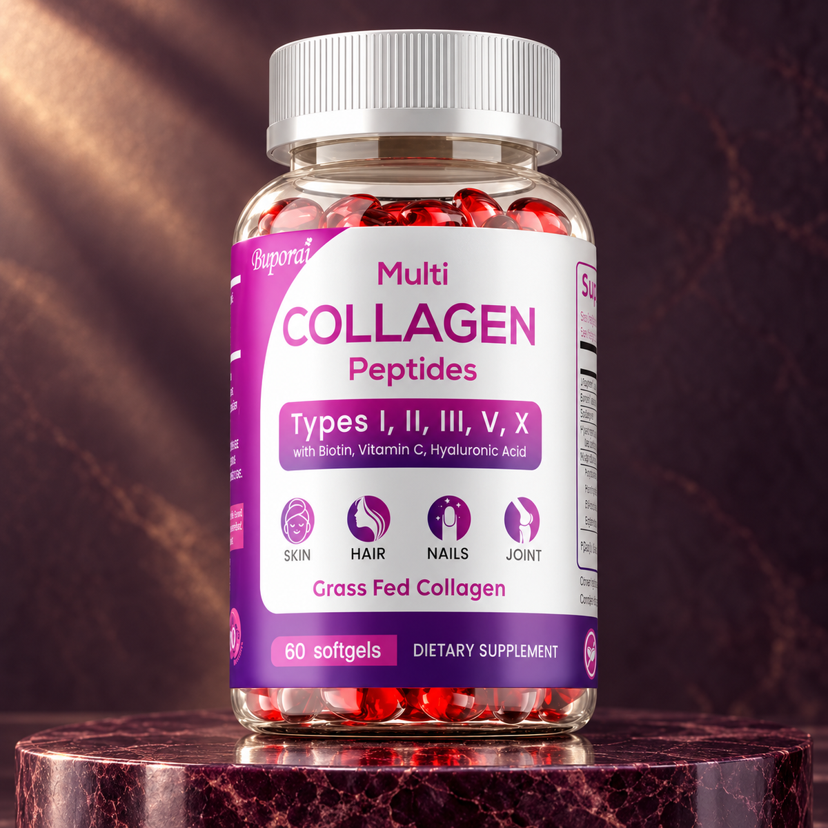 BuPOREI Multi Collagen Peptides — 60 Softgels in a refined stone and glass setting; AI-styled product photograph.