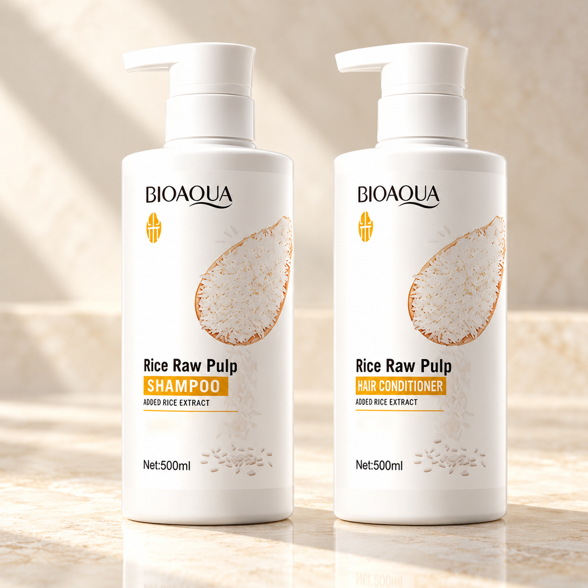 BIOAQUA Rice Raw Pulp shampoo and hair conditioner, one 500 ml bottle each