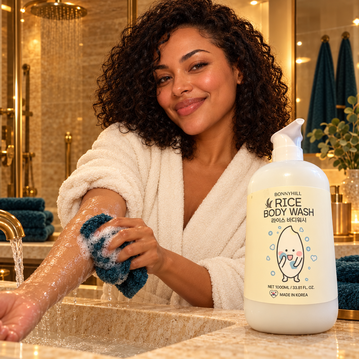 BONNYHILL Rice Body Wash 1000 ml — same model washing forearm