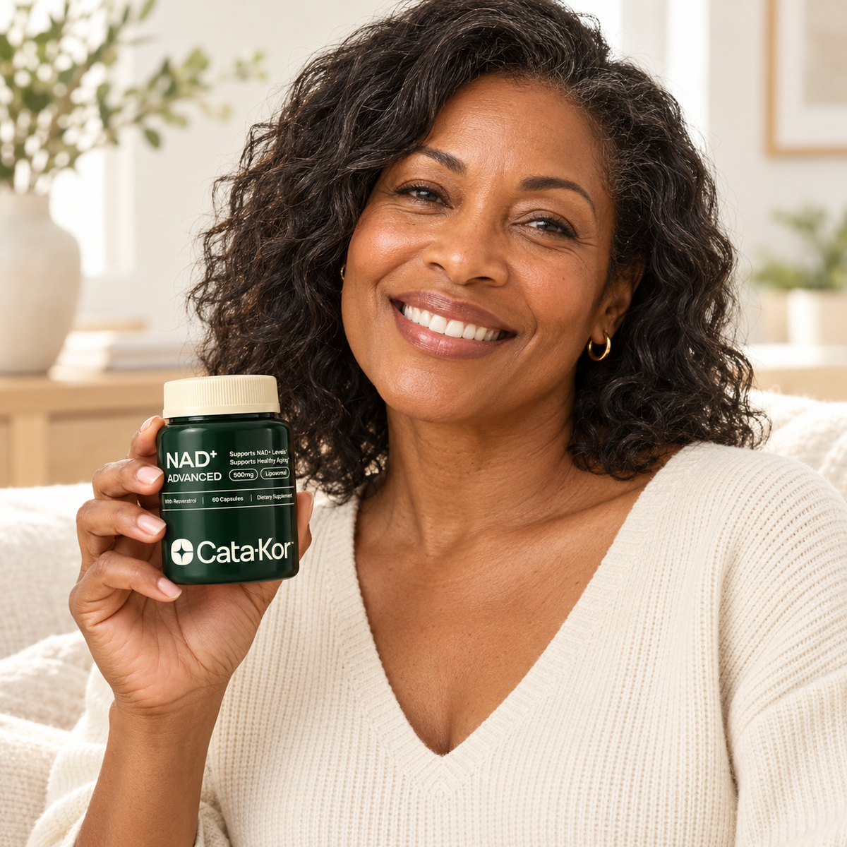 Illustrative smiling adult model holding the Cata-Kor NAD+ Advanced cream-cap bottle