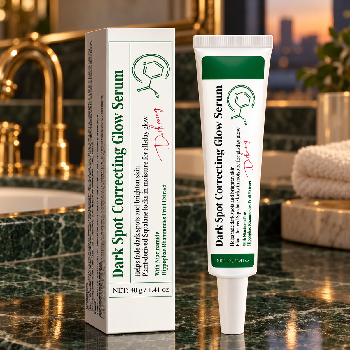 Dark Spot Correcting Glow Serum 40 g tube and carton on a bathroom vanity