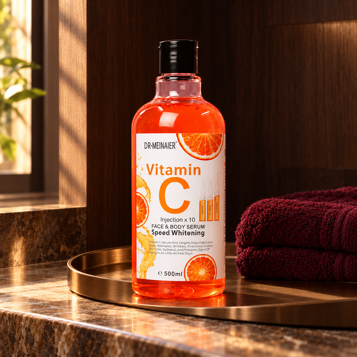 Dr. MEINAIER Vitamin C Face & Body Serum — 500 ml — one closed 500 ml bottle in a vanity setting