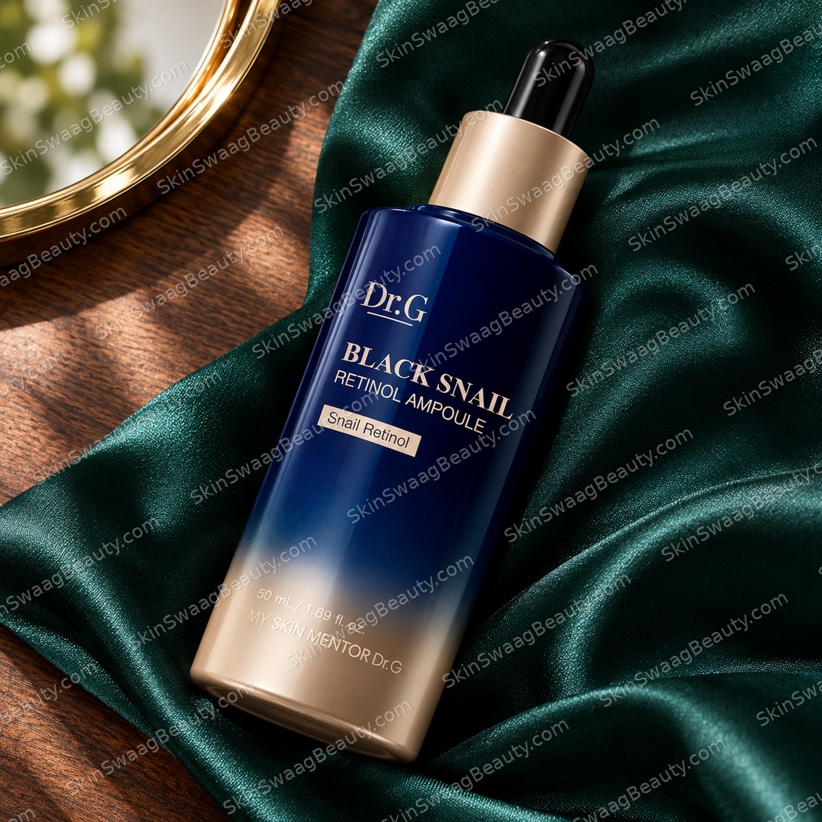 Dr.G Black Snail Retinol Ampoule 50 ml — closed packaging; SkinSwaagBeauty.com watermark.