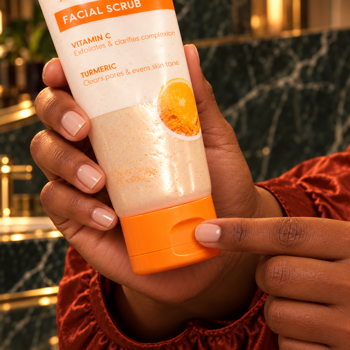 Same model's hands showing the closed orange flip-cap and lower tube of Envy facial scrub