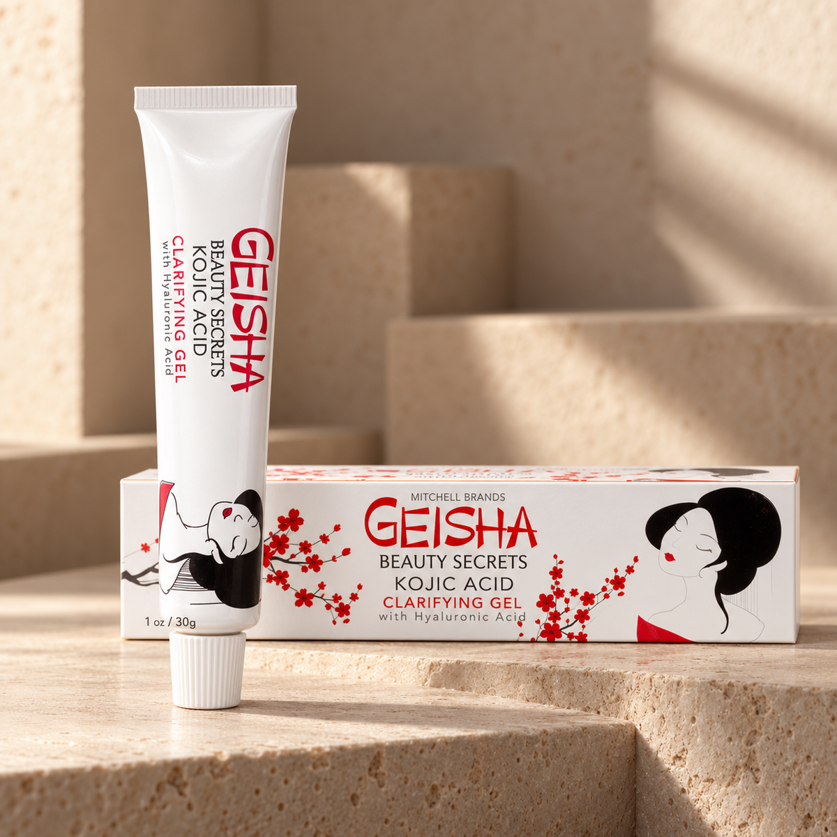 Geisha Beauty Secrets Kojic Acid Clarifying Gel 30 g closed tube and carton on warm stone