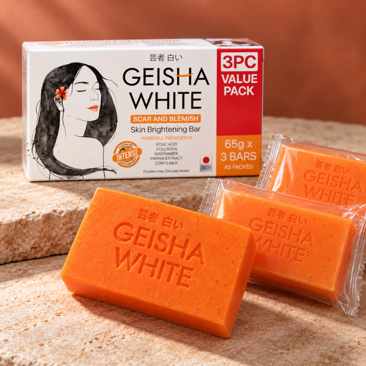 Geisha White Intense orange embossed soap detail with three bars total and matching 3 x 65 g carton