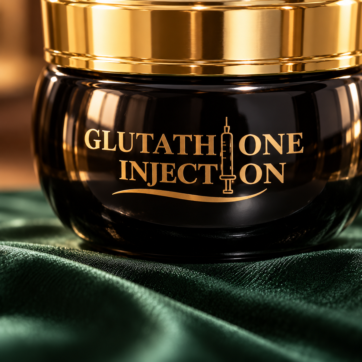 Glutathione Facial Cream closed jar — close-up of the black jar's printed gold logo and lower lid band.