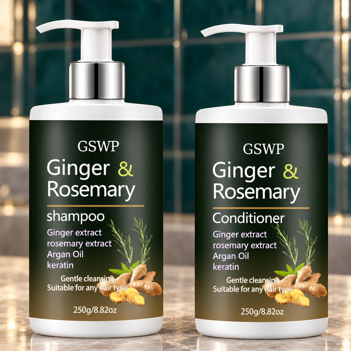GSWP Ginger Rosemary Shampoo & Conditioner Strengthening Set on a polished stone salon counter