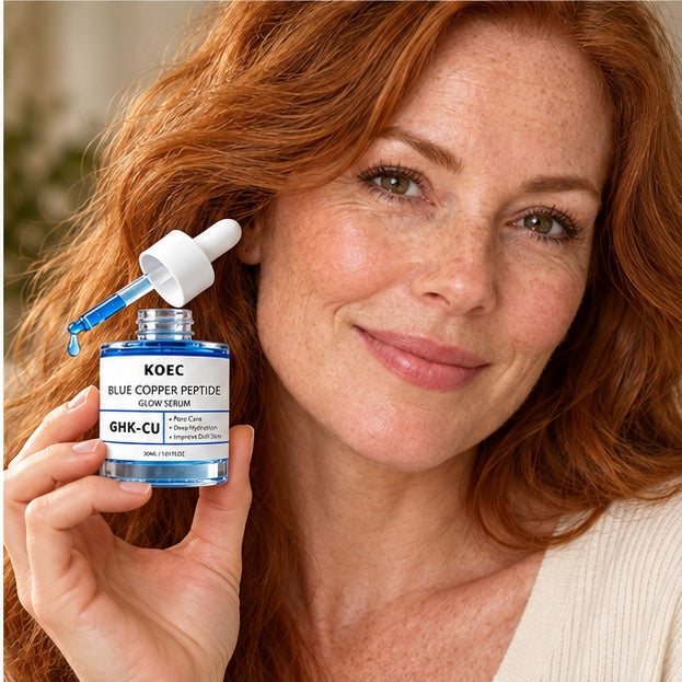 KOEC Blue Copper Peptide Glow Serum — 30 ml — model holding product
