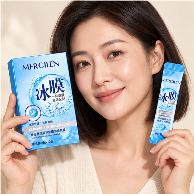 MERCILEN Ceramide Intensive Care Soothing Ice Moisturizing Soft Masks — 10 × 6 g — lifestyle portrait with product