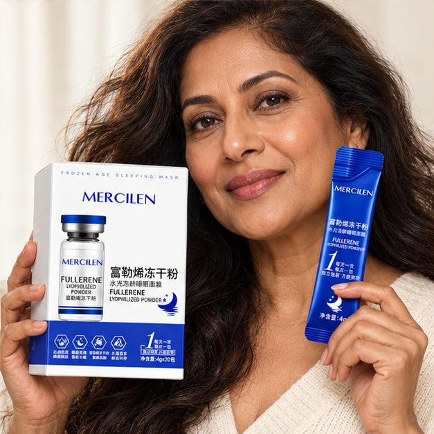 MERCILEN Fullerene Lyophilized Powder Sleep Masks — 20 × 4 g — lifestyle portrait with product