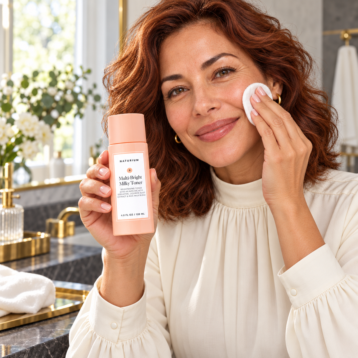 NATURIUM Multi-Bright Milky Toner 120ml — cotton-pad-use in a home routine.
