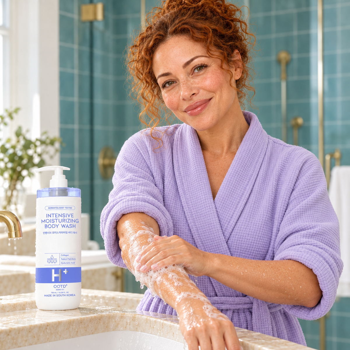 OOTD Intensive Moisturizing Body Wash 750 ml lathered on wet forearm in home bathroom