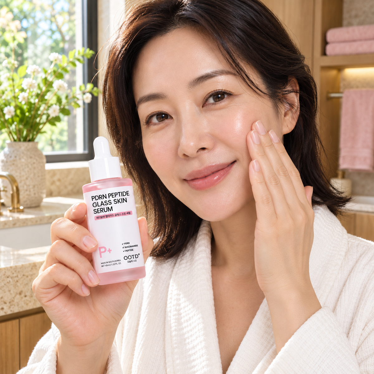 OOTD PDRN Peptide Glass Skin Serum 45 ml gently patted onto cheek during skincare routine