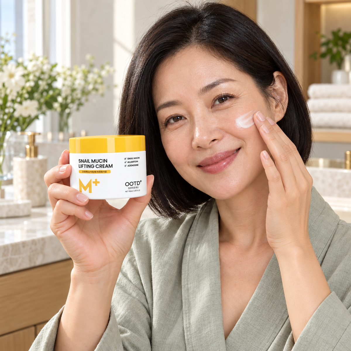 OOTD Snail Mucin Lifting Cream100ml gently applied to cheek