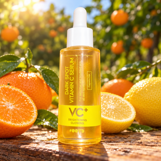 #OOTD VC+ Dark Spot Vitamin C Serum — label-facing citrus orchard photograph