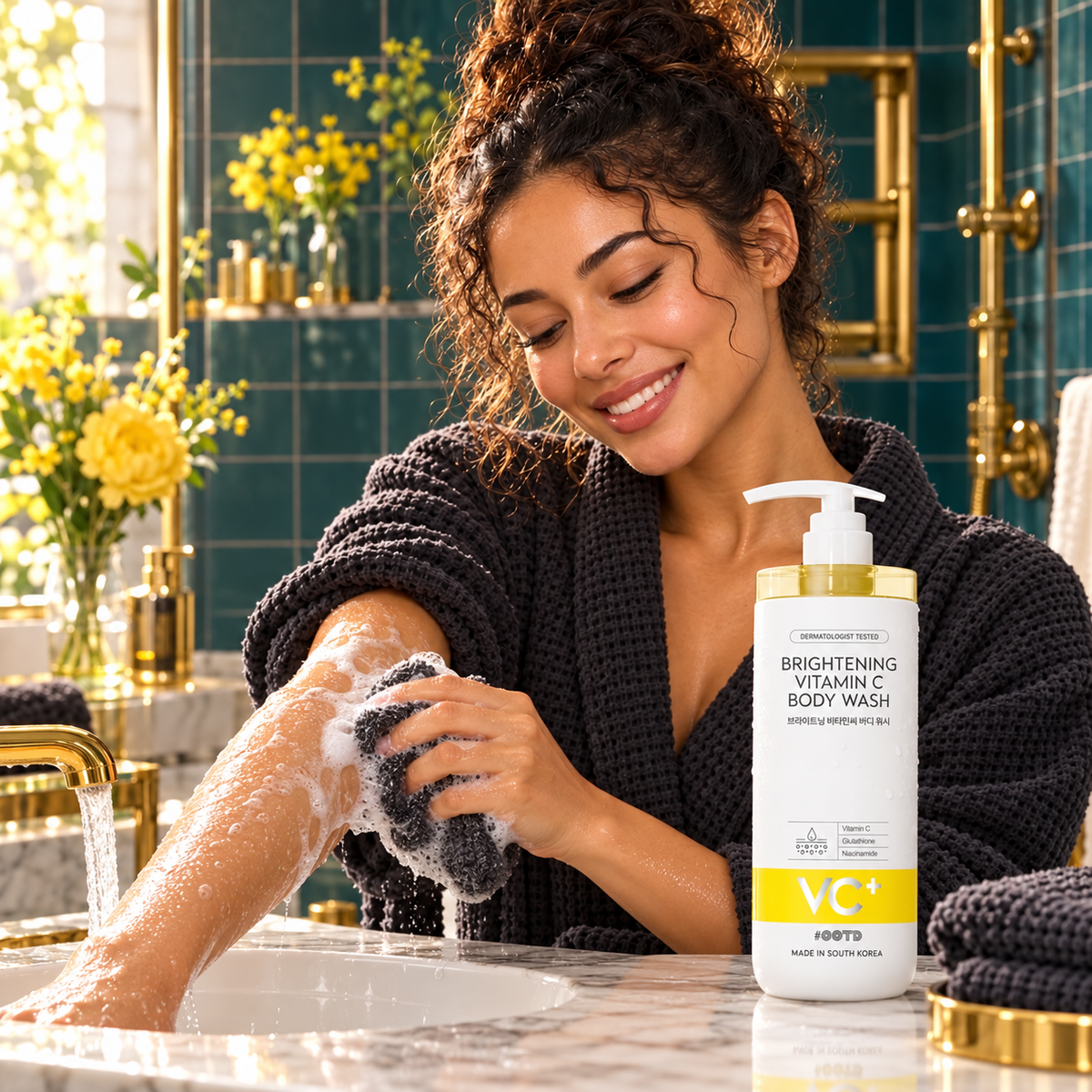 OOTD Brightening Vitamin C Body Wash 750 ml — same model washing forearm