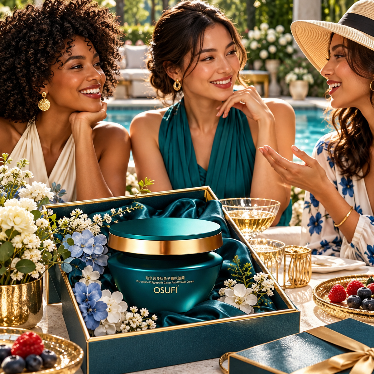 OSUFI Pro-Xylane Polypeptide Caviar Anti-Wrinkle Cream in a luxury garden setting; decorative props are not included