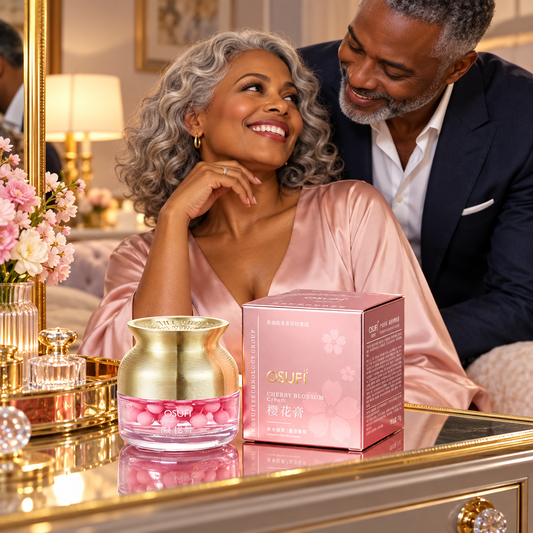 OSUFI Cherry Blossom Moisturizing Face Cream — 70 g in a luxury couple setting; decorative props are not included