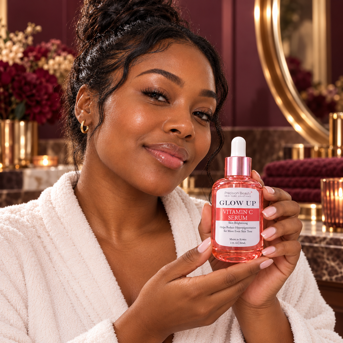 Adult woman presenting the closed Precision Beauty Glow Up Vitamin C Serum 60 ml bottle with the front label visible.
