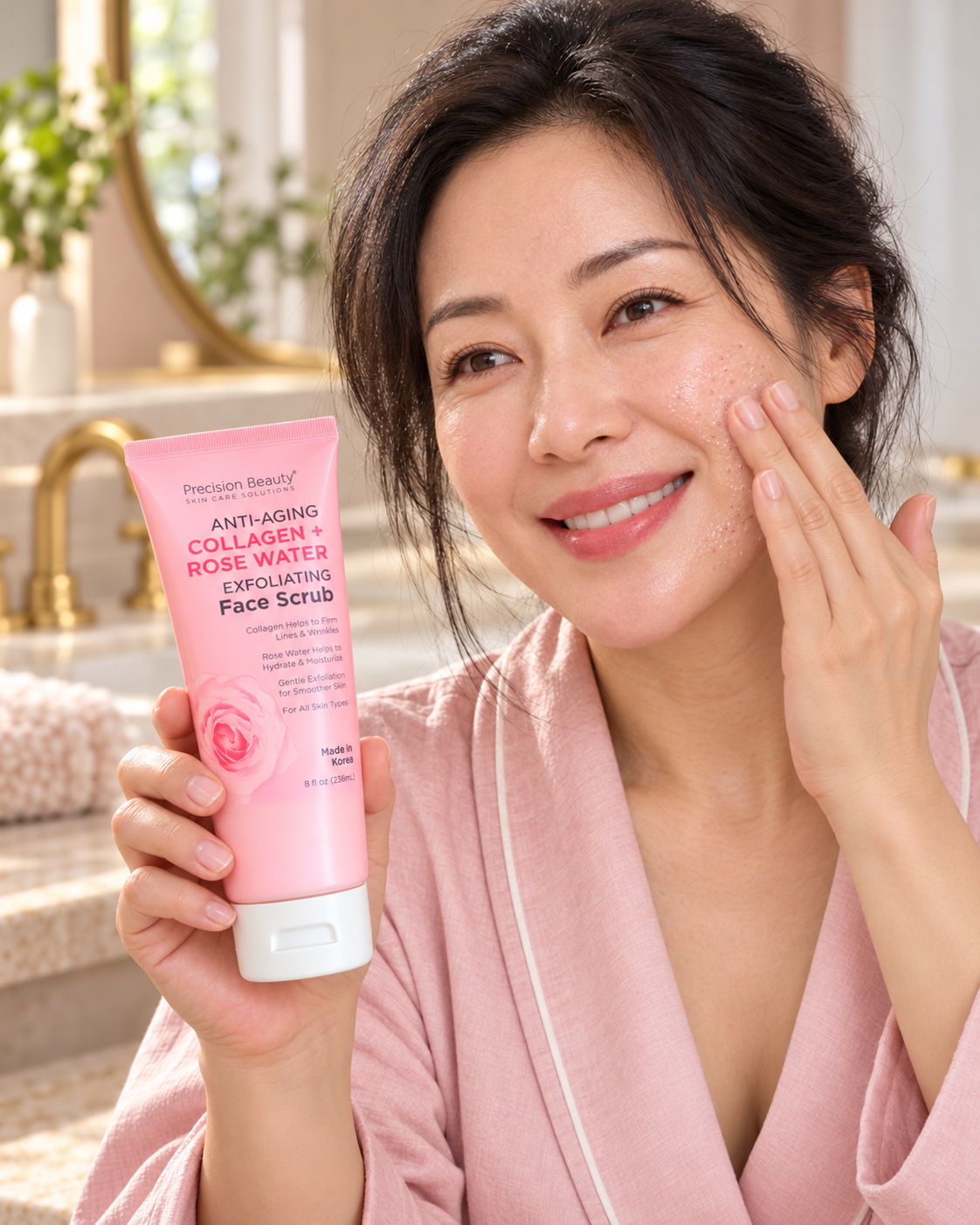 Precision Beauty Collagen and Rose Water face scrub 236 mL — same model gently applying face scrub