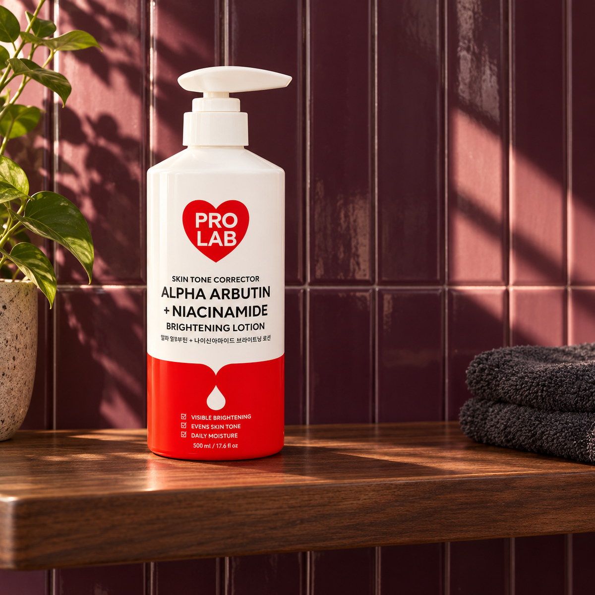 PRO LAB Alpha Arbutin + Niacinamide 500 ml pump bottle on a walnut shelf against plum tile; styled product photograph.