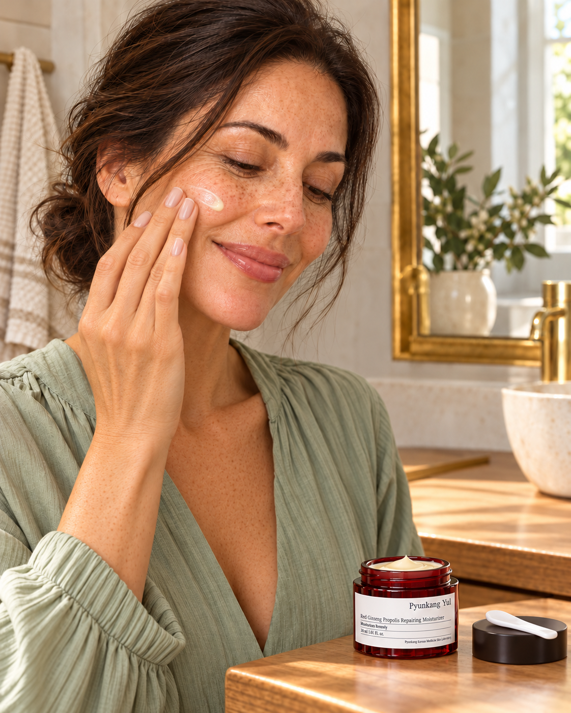 Pyunkang Yul Red Ginseng Propolis Repairing Moisturizer 30 ml — same model applying moisturizer