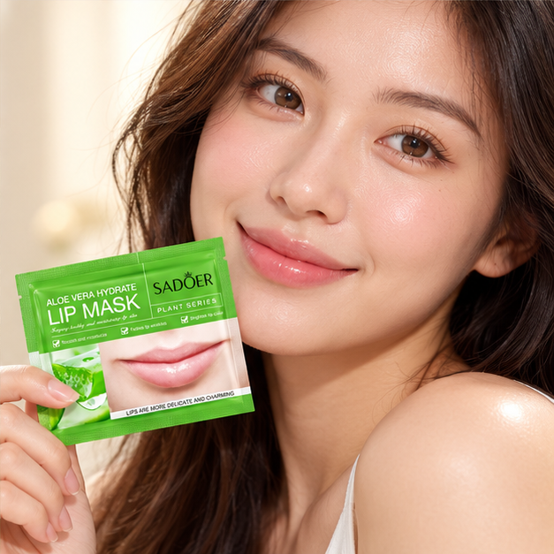 SADOER Aloe Vera lip masks — single packet shown with model
