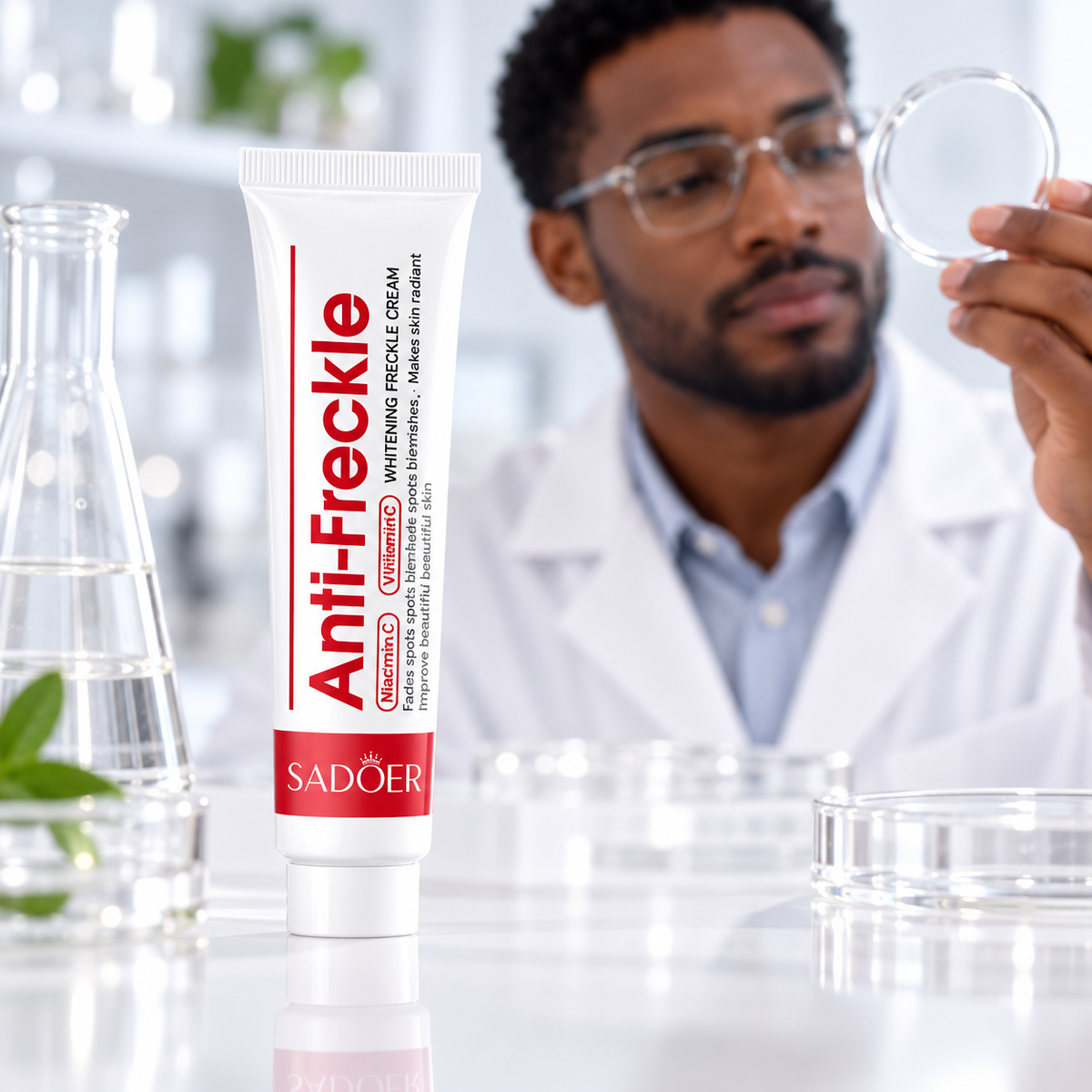 SADOER Anti-Freckle Cream in illustrative cosmetic lab scene
