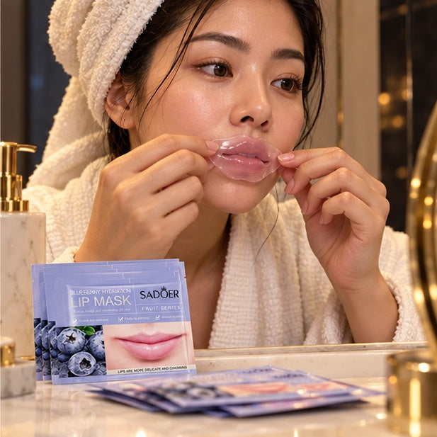SADOER Blueberry Hydration Lip Masks — 10 Pieces — adult model using product